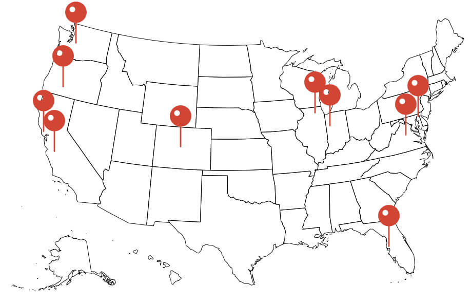 Map of the United States showing For People's distributed team